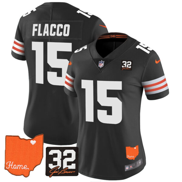 Women's Browns #32 Jim Brown Memorial & Home Patch Vapor Limited Jersey - All Stitched - Image 55