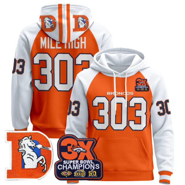 Men's Denver Broncos Throwback Premium Pullover Hoodie - All Stitched - Image 2
