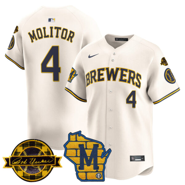 Men's Milwaukee Brewers Home & Bob Uecker Patch Vapor Premier Limited Jersey - All Stitched - Image 33
