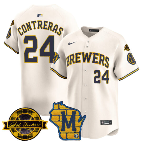 Men's Milwaukee Brewers Home & Bob Uecker Patch Vapor Premier Limited Jersey - All Stitched - Image 34