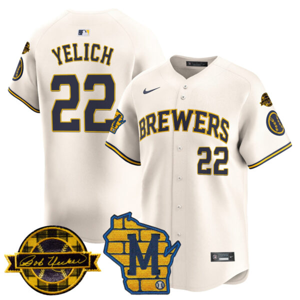 Men's Milwaukee Brewers Home & Bob Uecker Patch Vapor Premier Limited Jersey - All Stitched - Image 27
