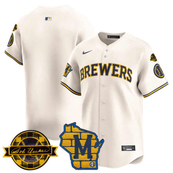 Men's Milwaukee Brewers Home & Bob Uecker Patch Vapor Premier Limited Jersey - All Stitched - Image 36