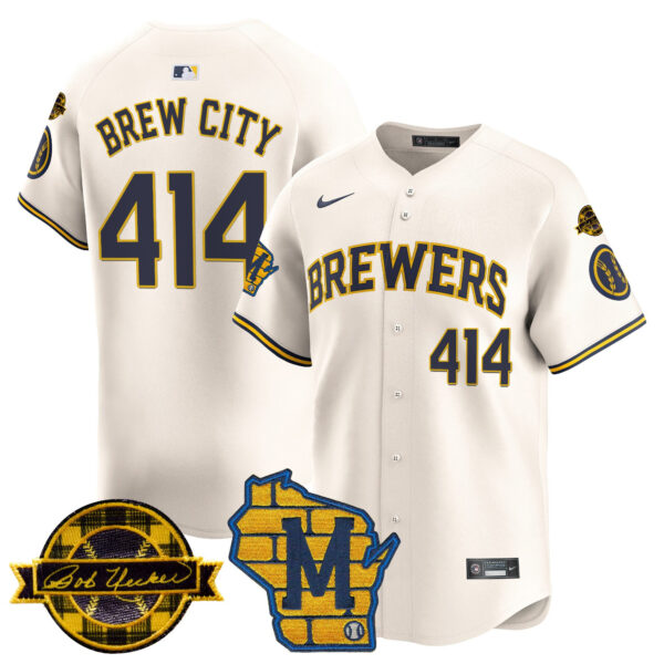 Men's Milwaukee Brewers Home & Bob Uecker Patch Vapor Premier Limited Jersey - All Stitched - Image 26