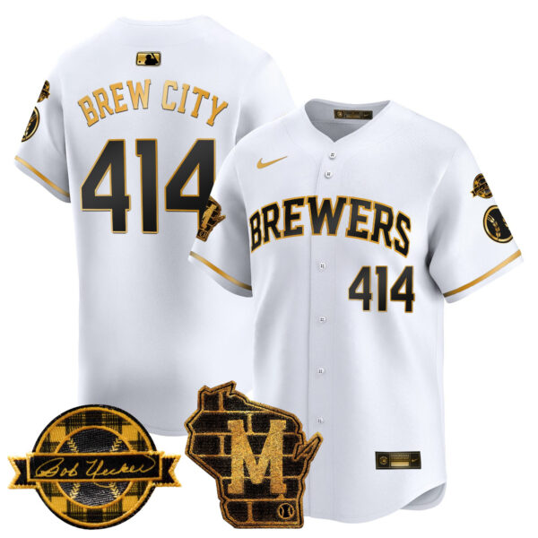 Men's Milwaukee Brewers Home & Bob Uecker Patch Vapor Premier Limited Jersey - All Stitched - Image 14