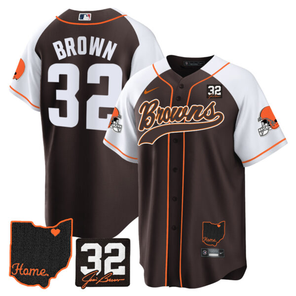 Men's Browns #32 Jim Brown Memorial & Home Patch Baseball Jersey V2 - All Stitched - Image 5