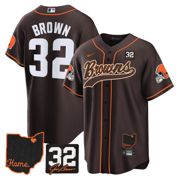 Men's Browns #32 Jim Brown Memorial & Home Patch Baseball Jersey V2 - All Stitched - Image 14