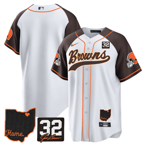 Men's Browns #32 Jim Brown Memorial & Home Patch Baseball Jersey V2 - All Stitched - Image 45