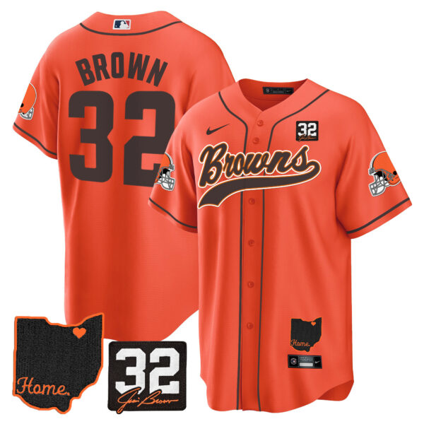 Men's Browns #32 Jim Brown Memorial & Home Patch Baseball Jersey V2 - All Stitched - Image 31