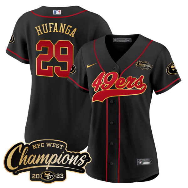 Women's 49ers 2023 NFC West Champions Baseball Gold Trim Jersey - All Stitched - Image 9
