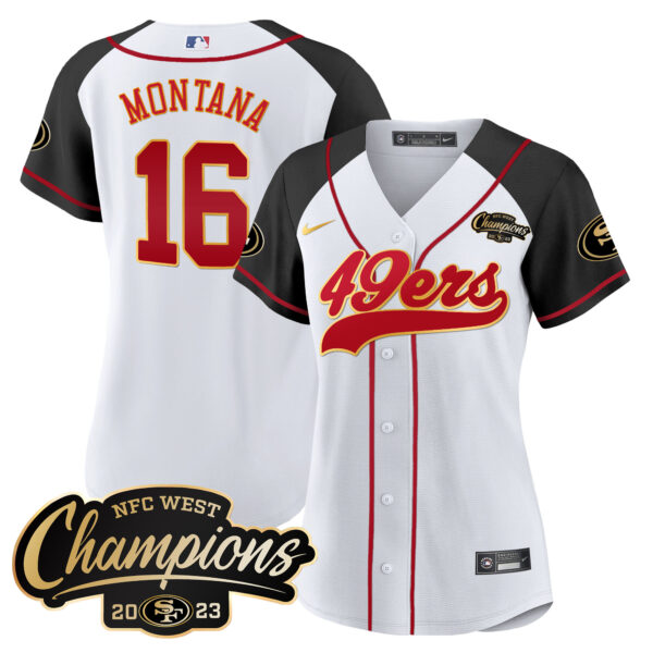 Women's 49ers 2023 NFC West Champions Baseball Gold Trim Jersey - All Stitched - Image 48