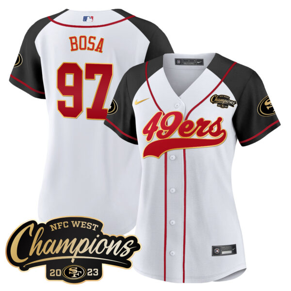 Women's 49ers 2023 NFC West Champions Baseball Gold Trim Jersey - All Stitched - Image 47