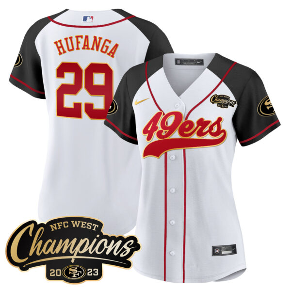 Women's 49ers 2023 NFC West Champions Baseball Gold Trim Jersey - All Stitched - Image 49