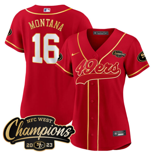 Women's 49ers 2023 NFC West Champions Baseball Gold Trim Jersey - All Stitched - Image 18