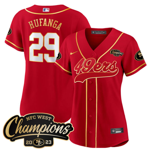 Women's 49ers 2023 NFC West Champions Baseball Gold Trim Jersey - All Stitched - Image 19