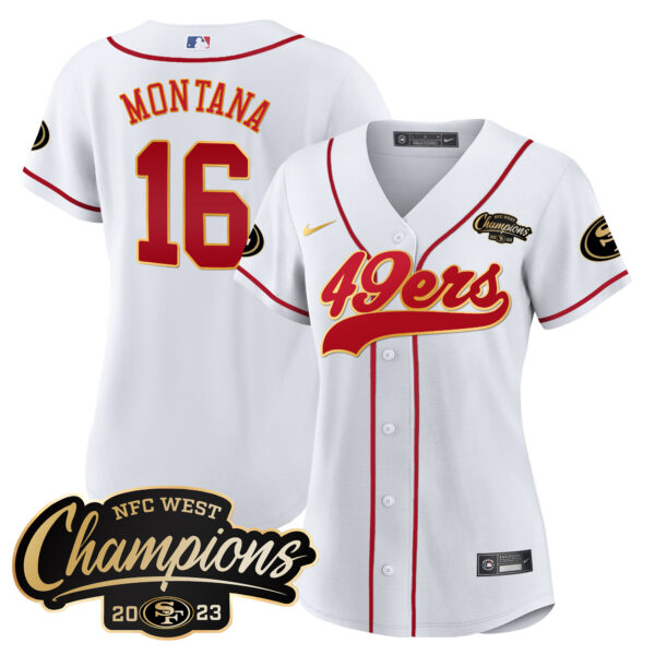 Women's 49ers 2023 NFC West Champions Baseball Gold Trim Jersey - All Stitched - Image 28