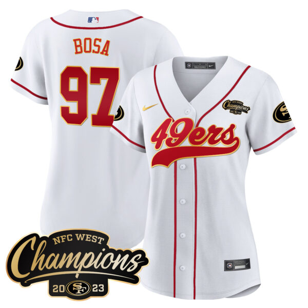 Women's 49ers 2023 NFC West Champions Baseball Gold Trim Jersey - All Stitched - Image 27