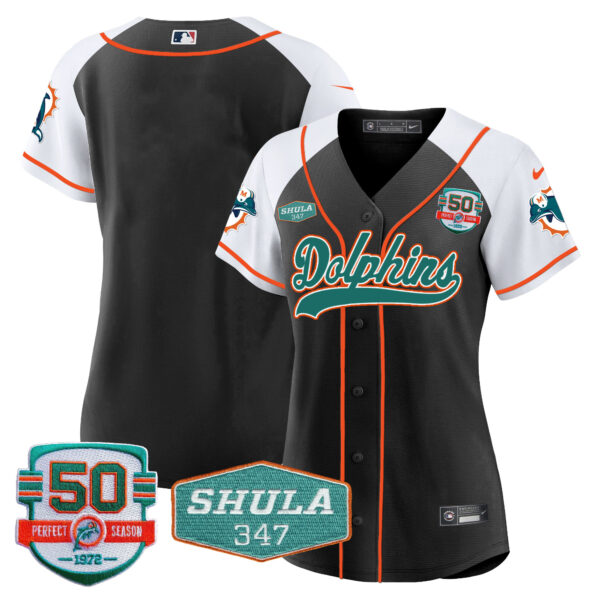 Women's Dolphins 50th & Don Shula 347 Memorial Patch Baseball Jersey - All Stitched - Image 7