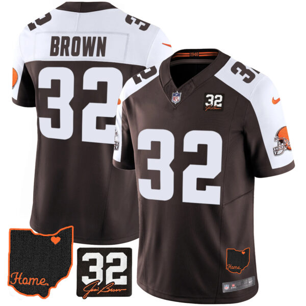 Men's Browns #32 Jim Brown Memorial & Home Patch Jersey V3 - All Stitched - Image 4
