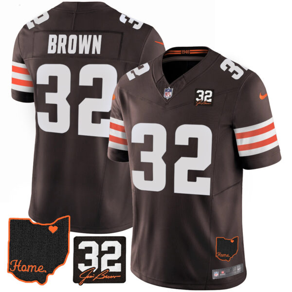 Men's Browns #32 Jim Brown Memorial & Home Patch Jersey V3 - All Stitched - Image 13