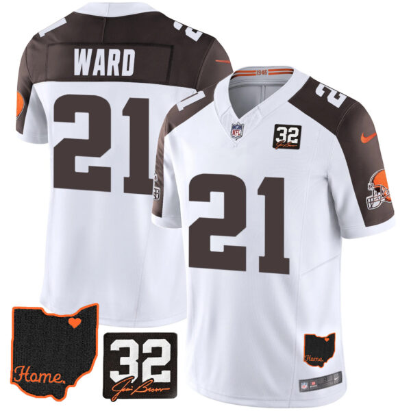 Men's Browns #32 Jim Brown Memorial & Home Patch Jersey V3 - All Stitched - Image 42