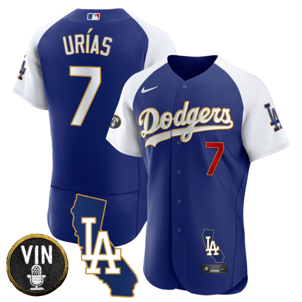 Men's Dodgers California Patch Gold Trim Flex Base Jersey - All Stitched - Image 34