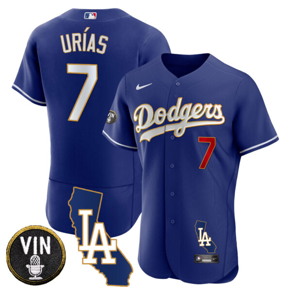 Men's Dodgers California Patch Gold Trim Flex Base Jersey - All Stitched - Image 7