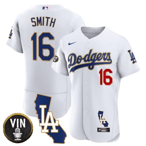 Men's Dodgers California Patch Gold Trim Flex Base Jersey - All Stitched - Image 14
