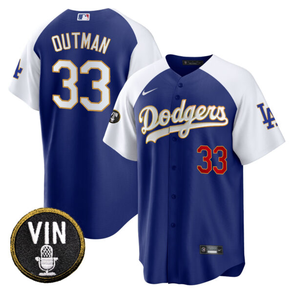 Men's Dodgers Vin Scully Patch Cool Base Gold Trim Jersey V2 - All Stitched - Image 18