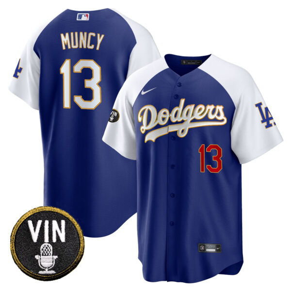 Men's Dodgers Vin Scully Patch Cool Base Gold Trim Jersey V2 - All Stitched - Image 16