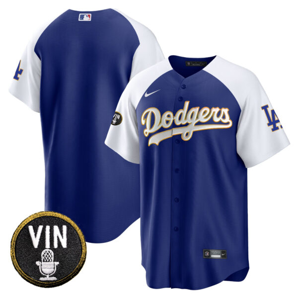Men's Dodgers Vin Scully Patch Cool Base Gold Trim Jersey V2 - All Stitched - Image 20