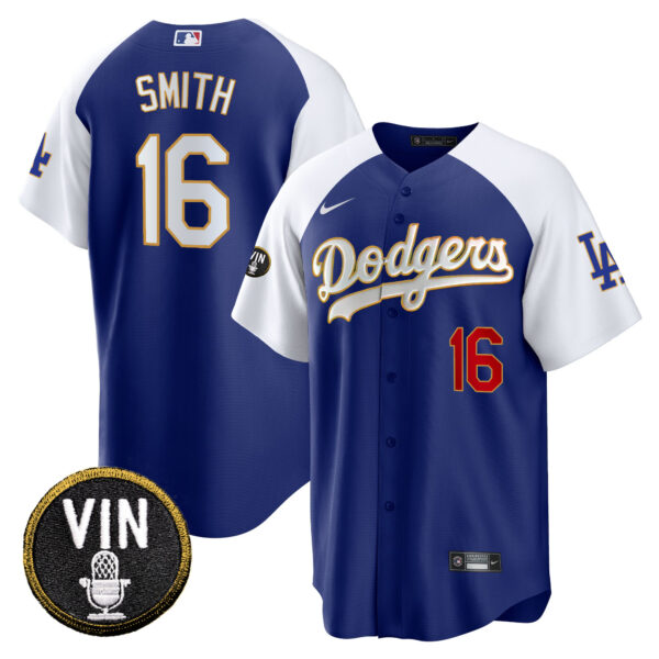 Men's Dodgers Vin Scully Patch Cool Base Gold Trim Jersey V2 - All Stitched - Image 15