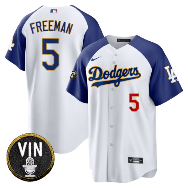 Men's Dodgers Vin Scully Patch Cool Base Gold Trim Jersey V2 - All Stitched - Image 2