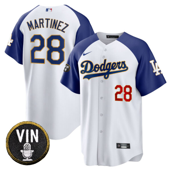 Men's Dodgers Vin Scully Patch Cool Base Gold Trim Jersey V2 - All Stitched - Image 7