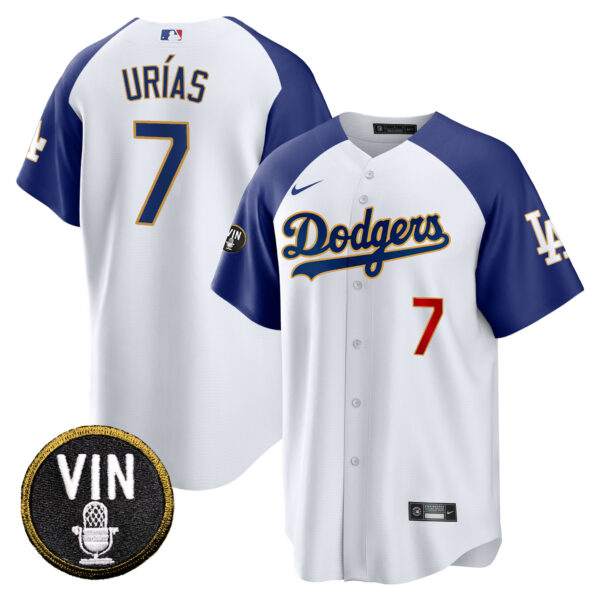 Men's Dodgers Vin Scully Patch Cool Base Gold Trim Jersey V2 - All Stitched - Image 9