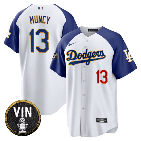Men's Dodgers Vin Scully Patch Cool Base Gold Trim Jersey V2 - All Stitched - Image 6
