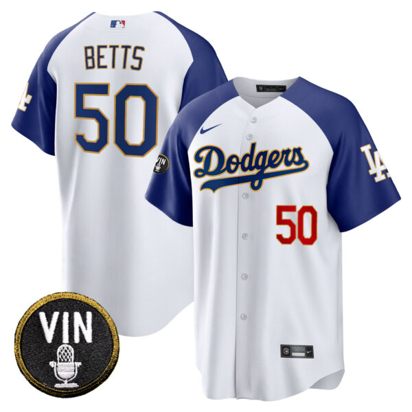Men's Dodgers Vin Scully Patch Cool Base Gold Trim Jersey V2 - All Stitched - Image 3