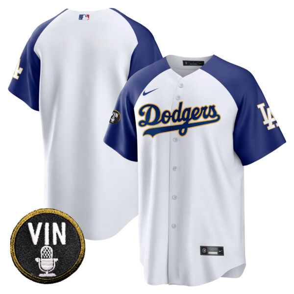 Men's Dodgers Vin Scully Patch Cool Base Gold Trim Jersey V2 - All Stitched - Image 10