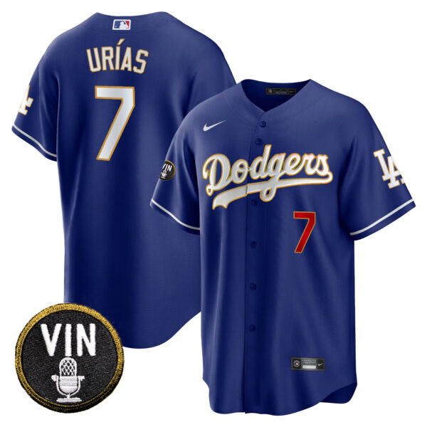 Men's Dodgers Vin Scully Patch Cool Base Gold Trim Jersey V2 - All Stitched - Image 39