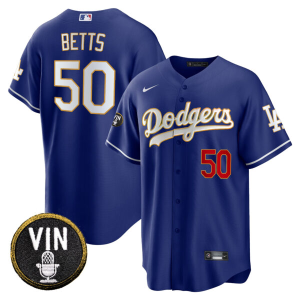 Men's Dodgers Vin Scully Patch Cool Base Gold Trim Jersey V2 - All Stitched - Image 33