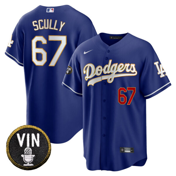 Men's Dodgers Vin Scully Patch Cool Base Gold Trim Jersey V2 - All Stitched - Image 34