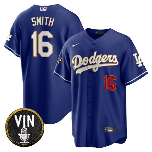 Men's Dodgers Vin Scully Patch Cool Base Gold Trim Jersey V2 - All Stitched - Image 35