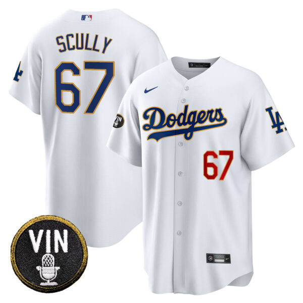 Men's Dodgers Vin Scully Patch Cool Base Gold Trim Jersey V2 - All Stitched - Image 24