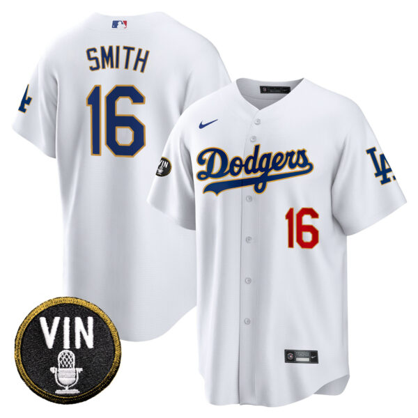 Men's Dodgers Vin Scully Patch Cool Base Gold Trim Jersey V2 - All Stitched - Image 25