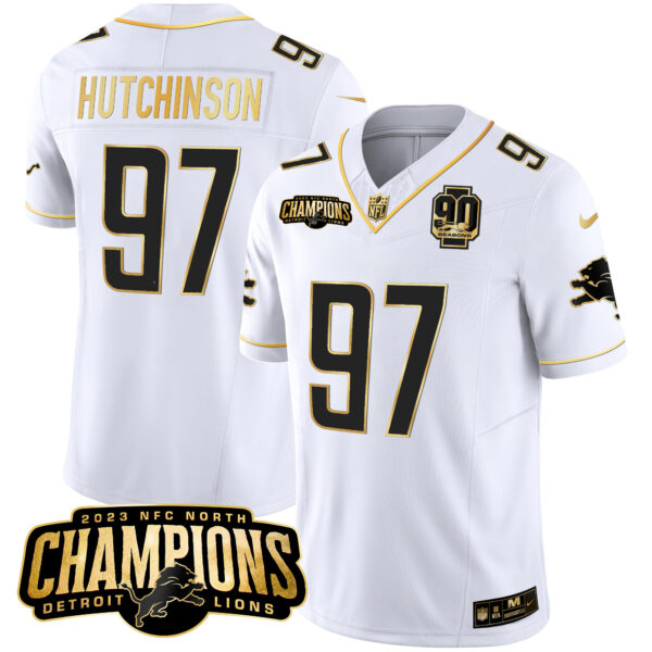 Men's Detroit Lions 2023 NFC North Champions Patch Gold Vapor Jersey V2 - All Stitched - Image 19
