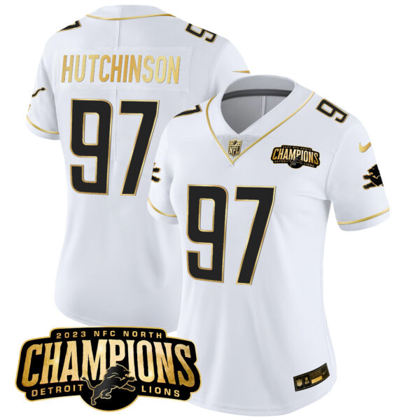 Women's Detroit Lions 2023 NFC North Champions Patch Gold Vapor Jersey - All Stitched - Image 19