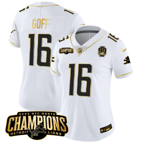 Women's Detroit Lions 2023 NFC North Champions Patch Gold Vapor Jersey V2 - All Stitched - Image 20
