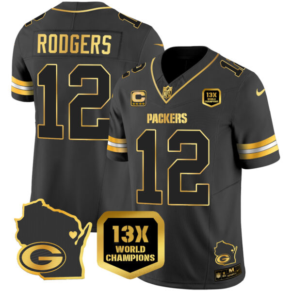 Men's Packers 13 Time World Champions & Home Patch Gold Vapor Jersey V2 – All Stitched - Image 16