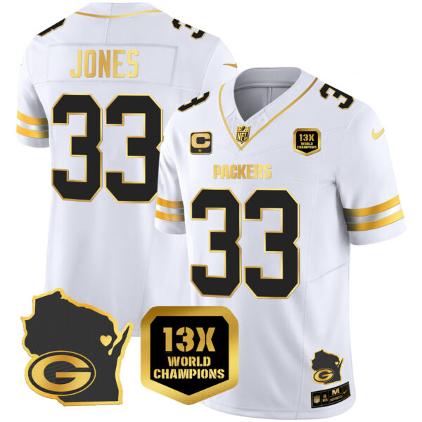 Men's Packers 13 Time World Champions & Home Patch Gold Vapor Jersey V2 – All Stitched - Image 21
