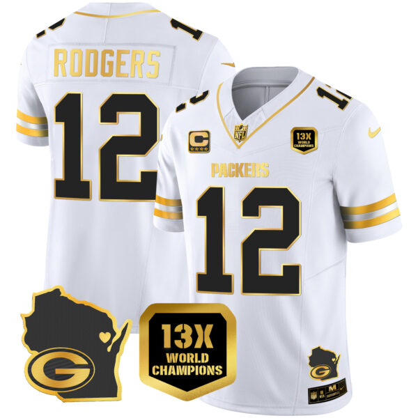 Men's Packers 13 Time World Champions & Home Patch Gold Vapor Jersey V2 – All Stitched - Image 22