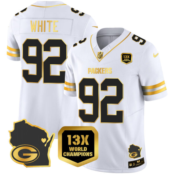 Men's Packers 13 Time World Champions & Home Patch Gold Vapor Jersey V2 – All Stitched - Image 24